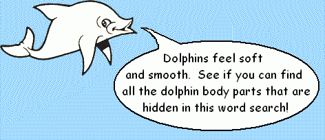 A dolphin drawing saying, 'See if you can find all of the dolphin body parts hidden in this word search!'